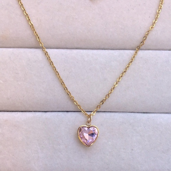 Jewelry - Rose Pink + Gold Crystal Heart Drop Pendant Necklace